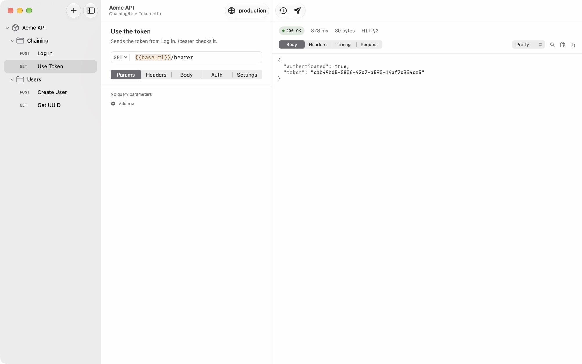 Saluki on Mac, showing a GET request named Use the token, to {{baseUrl}}/bearer. The response pane shows 200 OK and JSON with authenticated: true and a token value. The sidebar's Chaining folder lists Log In and Use Token.