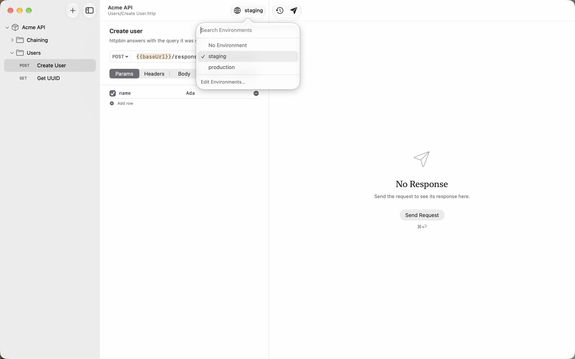 Saluki on Mac with the environment menu open, listing No Environment, staging and production, with staging checked, and an Edit Environments item. The response pane says No Response.