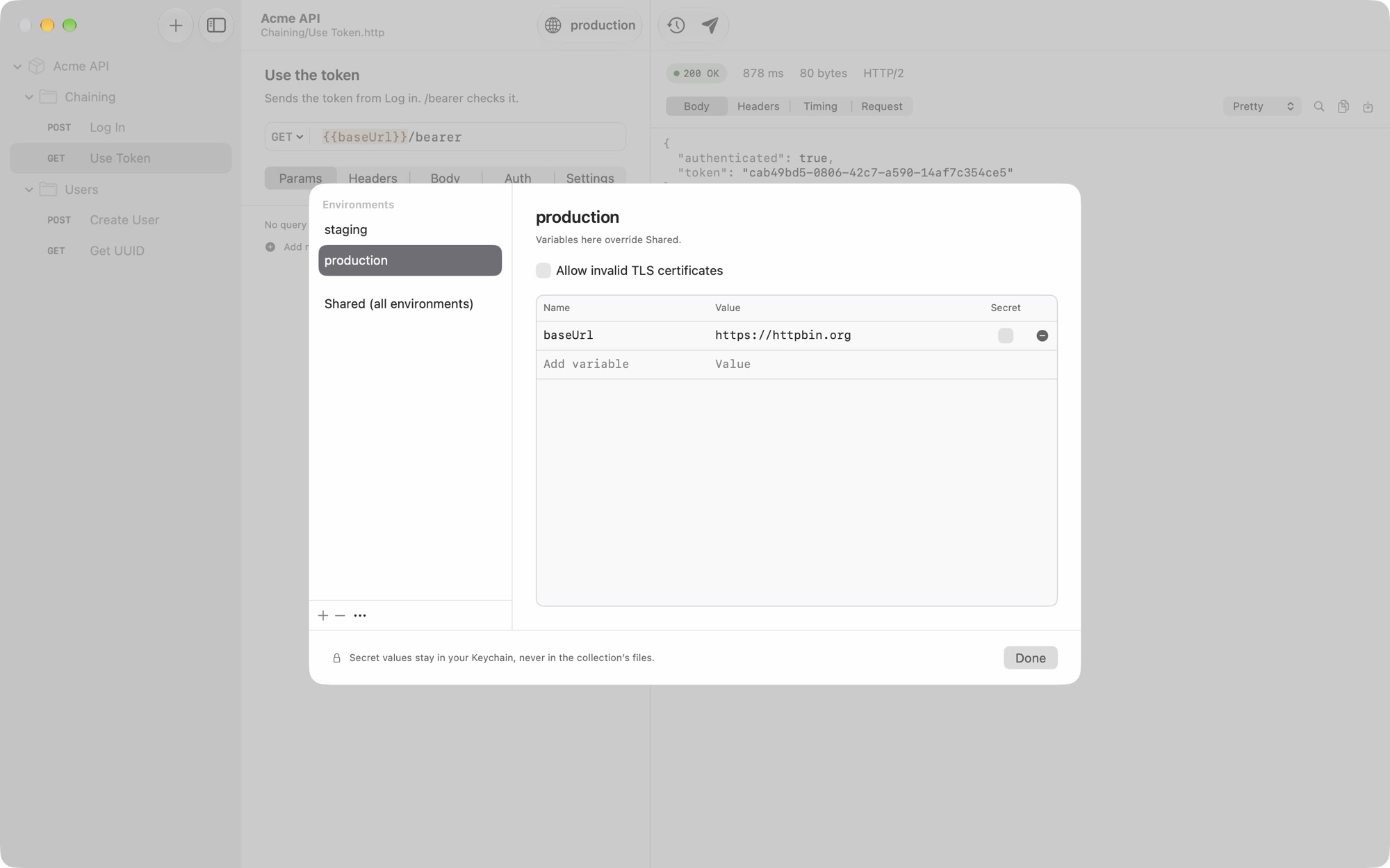 Saluki on Mac with the environment editor open on production: one variable, baseUrl, set to https://httpbin.org, with a Secret column. A note at the bottom reads: Secret values stay in your Keychain, never in the collection's files.