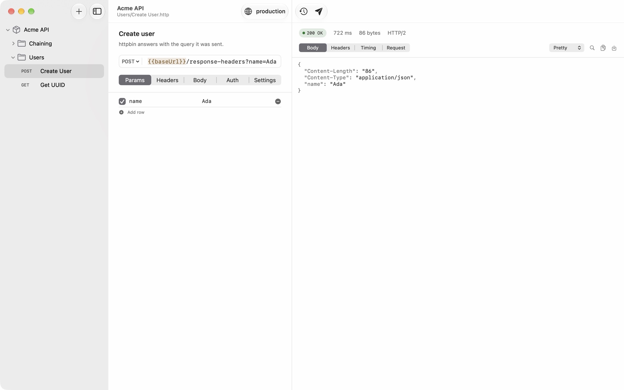 Saluki on Mac. The sidebar shows the Acme API collection with a Chaining folder and a Users folder holding Create User and Get UUID. The editor shows a POST request to {{baseUrl}}/response-headers with one query parameter, name=Ada. The response pane shows 200 OK and a small JSON body.
